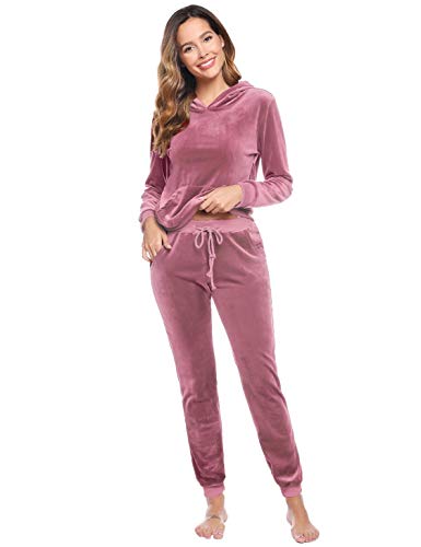 Akalnny Chándal Conjunto Mujer de Terciopelo Informal Sudadera de Manga Larga con Capucha + Pantalones de Cintura Alta Trajes Rosa