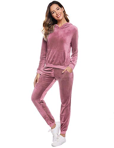 Akalnny Chándal Conjunto Mujer de Terciopelo Informal Sudadera de Manga Larga con Capucha + Pantalones de Cintura Alta Trajes Rosa