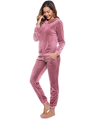 Akalnny Chándal Conjunto Mujer de Terciopelo Informal Sudadera de Manga Larga con Capucha + Pantalones de Cintura Alta Trajes Rosa