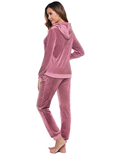 Akalnny Chándal Conjunto Mujer de Terciopelo Informal Sudadera de Manga Larga con Capucha + Pantalones de Cintura Alta Trajes Rosa