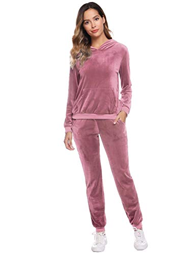 Akalnny Chándal Conjunto Mujer de Terciopelo Informal Sudadera de Manga Larga con Capucha + Pantalones de Cintura Alta Trajes Rosa