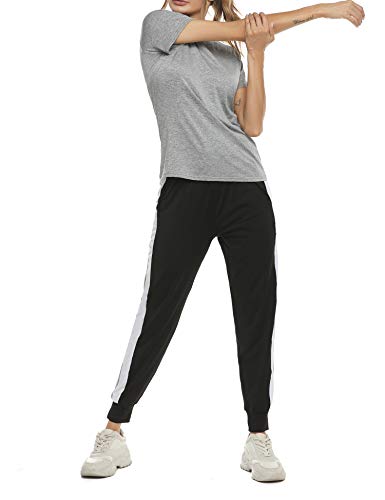 Akalnny Mujer 2 Piezas Chándales Casuales Conjunto de Camiseta y Pantalón de Manga Corta Verano para Correr Yoga Ropa Deportiva（Gris,XXL