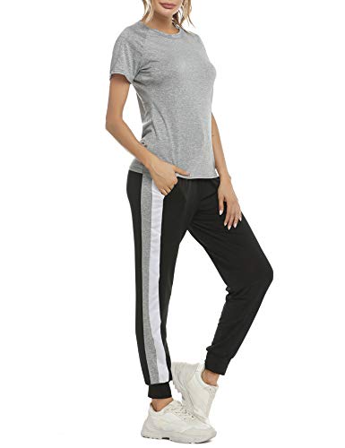 Akalnny Mujer 2 Piezas Chándales Casuales Conjunto de Camiseta y Pantalón de Manga Corta Verano para Correr Yoga Ropa Deportiva（Gris,XXL