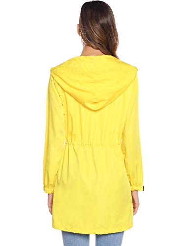 Akalnny Mujer Chaqueta Impermeables con Capucha Cuello Alto Chubasqueros Ultraligera de Manga Larga con Cremallera Amarillo