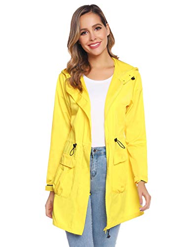 Akalnny Mujer Chaqueta Impermeables con Capucha Cuello Alto Chubasqueros Ultraligera de Manga Larga con Cremallera Amarillo