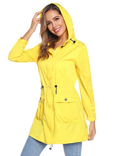 Akalnny Mujer Chaqueta Impermeables con Capucha Cuello Alto Chubasqueros Ultraligera de Manga Larga con Cremallera Amarillo