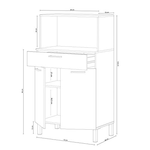 Alacena de Cocina, Aparador Comedor, Mueble Auxiliar 2 Puertas + 1 Cajon y Estante Interior, Acabado en Blanco Artik y Roble Canadian, Medidas: 72 cm (Ancho) x 126 cm (Alto) x 40 cm (Fondo)