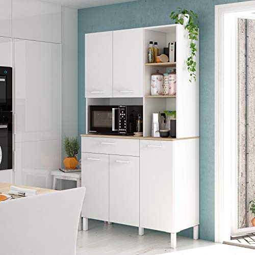 Alacena de Cocina, Aparador Comedor, Mueble Auxiliar 5 Puertas + 1 Cajon y Estante Interior, Acabado en Blanco Artik y Roble Canadian, Medidas: 108 cm (Ancho) x 186 cm (Alto) x 40 cm (Fondo) Alacena de Cocina, Aparador Comedor, Mueble Auxiliar 5 Puertas + 1 Cajon y Estante Interior, Acabado en Blanco Artik y Roble Canadian, Medidas: 108 cm (Ancho) x 186 cm (Alto) x 40 cm (Fondo)