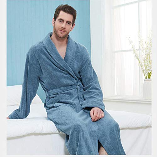 Albornoz Hombre Pijama Manga Larga con Cuello En V Toallas De Algodón Espesado Camisón Ropa De Dormir Talla Grande Bata De Mañana Servicio A Domicilio M, L, XL, XXL,Azul,XL