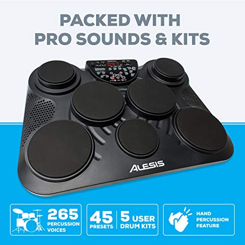 Alesis CompactKit 7 - Batería Electrónica de Sobremesa de 7 Pads Sensibles a la Velocidad, 265 Sonidos y Melodías de Percusión, Salida USB-MIDI, Pedales y Baquetas incluidas