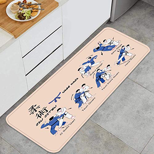 Alfombra de Cocina Antideslizante,Artes Marciales Técnicas de Defensa Práctica Deportiva Tema Aikido Estera de Cocina Felpudos Decorativo Alfombra Alfombra para Dormitorio Baño Pasillo 45 x 120cm