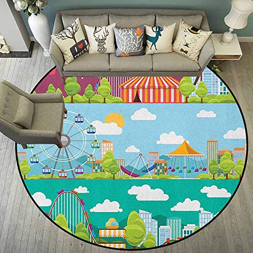 Alfombra de oficina Circus para interior antideslizante de 6 pies de 6 pulgadas, redonda, multicolor, conceptual City Banners con carruseles y columpios de rueda de la fortuna, para suelo de madera dura (redondo 200 cm x 200 cm) Alfombra de oficina Circus para interior antideslizante de 6 pies de 6 pulgadas, redonda, multicolor, conceptual City Banners con carruseles y columpios de rueda de la fortuna, para suelo de madera dura (redondo 200 cm x 200 cm)