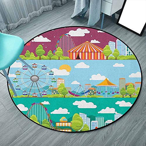 Alfombra de oficina Circus para interior antideslizante de 6 pies de 6 pulgadas, redonda, multicolor, conceptual City Banners con carruseles y columpios de rueda de la fortuna, para suelo de madera dura (redondo 200 cm x 200 cm)