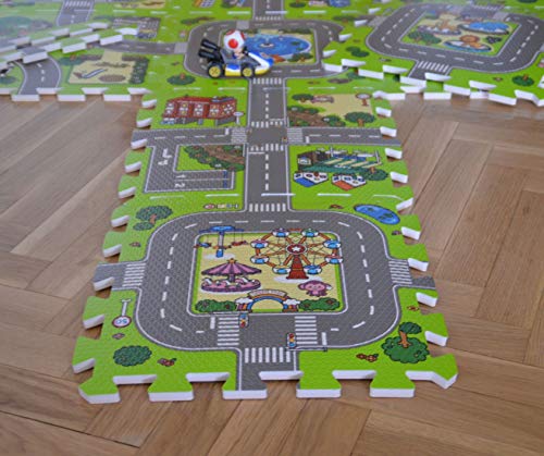 Alfombra puzzle de goma EVA para niños. Diseño de circuito de tráfico. 1 cm. de espesor. 9 piezas intercambiables. Modelo 1 Alfombra puzzle de goma EVA para niños. Diseño de circuito de tráfico. 1 cm. de espesor. 9 piezas intercambiables. Modelo 1