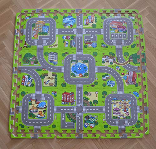 Alfombra puzzle de goma EVA para niños. Diseño de circuito de tráfico. 1 cm. de espesor. 9 piezas intercambiables. Modelo 1 Alfombra puzzle de goma EVA para niños. Diseño de circuito de tráfico. 1 cm. de espesor. 9 piezas intercambiables. Modelo 1