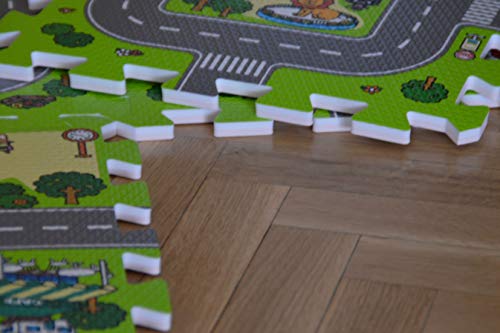 Alfombra puzzle de goma EVA para niños. Diseño de circuito de tráfico. 1 cm. de espesor. 9 piezas intercambiables. Modelo 1