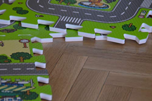 Alfombra puzzle de goma EVA para niños. Diseño de circuito de tráfico. 1 cm. de espesor. 9 piezas intercambiables. Modelo 1 Alfombra puzzle de goma EVA para niños. Diseño de circuito de tráfico. 1 cm. de espesor. 9 piezas intercambiables. Modelo 1