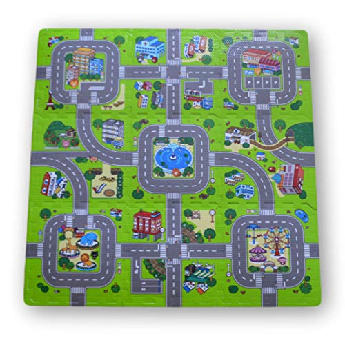 Alfombra puzzle de goma EVA para niños. Diseño de circuito de tráfico. 1 cm. de espesor. 9 piezas intercambiables. Modelo 1 Alfombra puzzle de goma EVA para niños. Diseño de circuito de tráfico. 1 cm. de espesor. 9 piezas intercambiables. Modelo 1