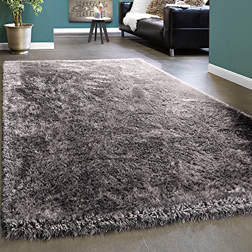 Alfombra Shaggy Elegante De Pelo Largo Monocolor Mullida Brillante En Gris Claro, tamaño:160x230 cm