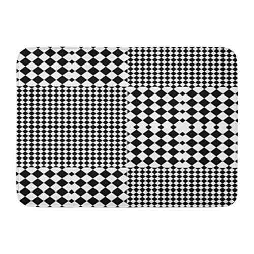Alfombras de baño Alfombras de baño Alfombrilla para puerta exterior / interior Cuadros y rombos a cuadros negros blancos Cuadros y rombos Tartán de tablero óptico en Op Bauhaus Decoración de baño Al