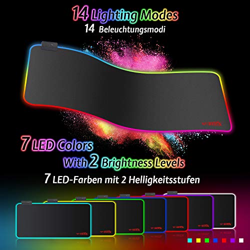 Alfombrilla de Ratón RGB, (800×300×4mm) 7 Colores con 14 Modos de Luz , Alfombrilla Gaming Extra Grande Base de Goma Antideslizante y Superficie Suave Resistente al Agua para Gamers, PC y Portátil Alfombrilla de Ratón RGB, (800×300×4mm) 7 Colores con 14 Modos de Luz , Alfombrilla Gaming Extra Grande Base de Goma Antideslizante y Superficie Suave Resistente al Agua para Gamers, PC y Portátil