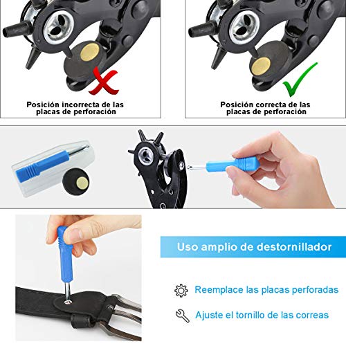 Alicate Sacabocados para Cinturones y Cuero, [Juego Completo] Diyife Agujero Perforadora Punzón de Cinturón, Herramienta de Alicate para Trabajo Pesado Múltiple Tamaño para Tarjeta, Goma, (Azul)