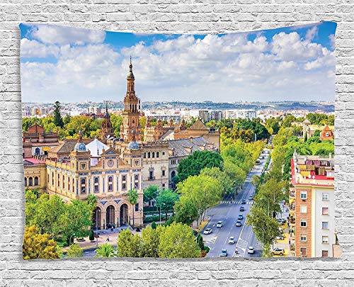 ALKKVI Tapices de Pared Wanderlust Decor Collection Seville Spain Cityscape Towards Plaza De Espana Scenery Monument Road Daytime Bedroom Living Room Wall Hanging Tapestry 80W X 60L Inch