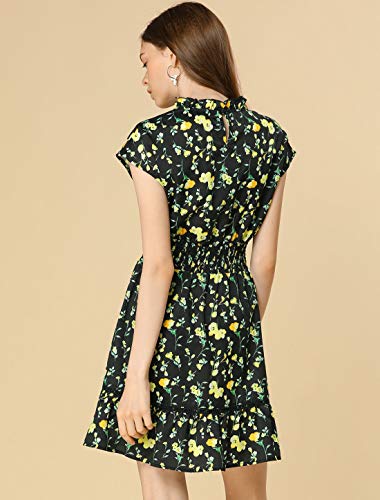 Allegra K Vestido De Patinadora Manga Floral del Casquillo Cintura Bata para Mujeres Negro L