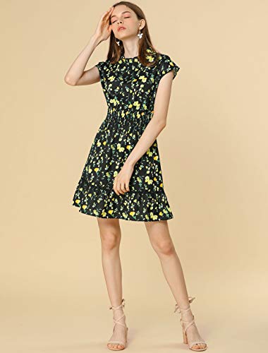 Allegra K Vestido De Patinadora Manga Floral del Casquillo Cintura Bata para Mujeres Negro L