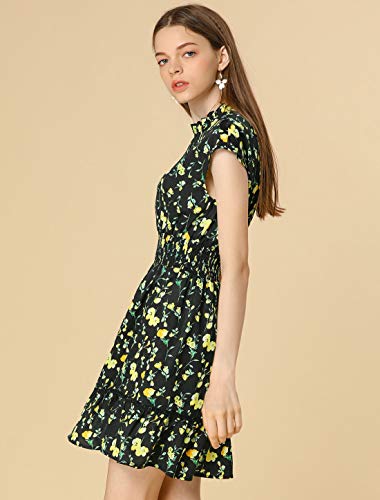 Allegra K Vestido De Patinadora Manga Floral del Casquillo Cintura Bata para Mujeres Negro L