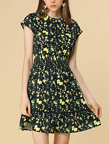 Allegra K Vestido De Patinadora Manga Floral del Casquillo Cintura Bata para Mujeres Negro L