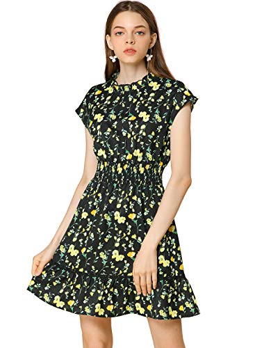 Allegra K Vestido De Patinadora Manga Floral del Casquillo Cintura Bata para Mujeres Negro L