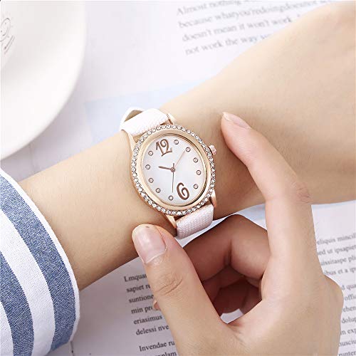 Allskid Mujer Relojes Elíptico Rhinestone Marcar Cuarzo Chicas Cuero de la PU Correa de Reloj Relojes de Pulsera (33 * 37mm, Blanco)