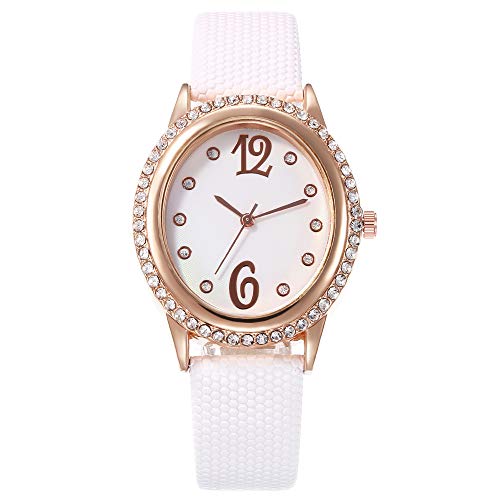 Allskid Mujer Relojes Elíptico Rhinestone Marcar Cuarzo Chicas Cuero de la PU Correa de Reloj Relojes de Pulsera (33 * 37mm, Blanco)