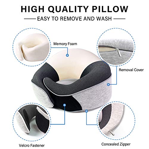 Almohada de Viaje, Vemingo Almohada de Cuello de Espuma de Memoria 100% Pura, cojín de Transporte aéreo contra el Polvo, Transpirable, Lavable, para Viajes, hogar y Oficina (Gris)