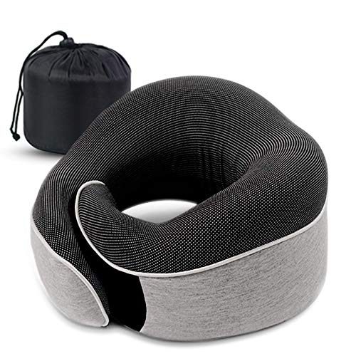 Almohada de Viaje, Vemingo Almohada de Cuello de Espuma de Memoria 100% Pura, cojín de Transporte aéreo contra el Polvo, Transpirable, Lavable, para Viajes, hogar y Oficina (Gris)