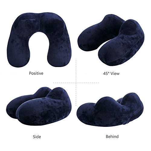 Almohada Inflable del Viaje, LUZWAY Cojín Inflable del Cuello de Viaje, Hecho de Terciopelo Suave y Funda Lavable con Tapones para los Oídos , Máscara de los Ojos y Bolsa de Transporte [Azul]