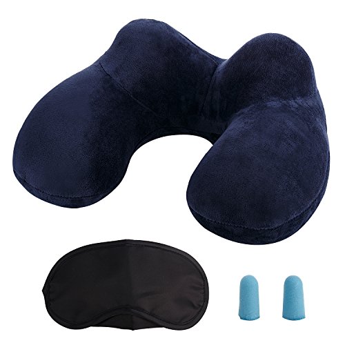 Almohada Inflable del Viaje, LUZWAY Cojín Inflable del Cuello de Viaje, Hecho de Terciopelo Suave y Funda Lavable con Tapones para los Oídos , Máscara de los Ojos y Bolsa de Transporte [Azul]