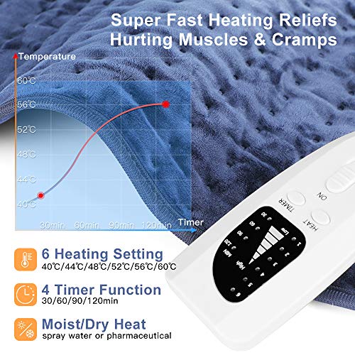 Almohadilla Eléctrica Mantas Termica Eléctrica Calentamiento Rápido con 6 Niveles Temperatura, 4 Modes Temporizadores, Cinta Ajustable, para Lumbares, Espalda, Hombros, Abdome (60 x 30 cm)