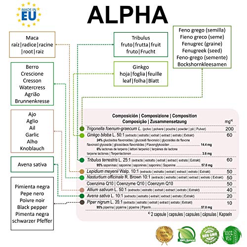 Alpha - Fuerza + Energía + Masa Muscular Suplemento Deportivo con Fenogreco Ginkgo Biloba Tribulus Terrestris Maca CoQ10 Piperina Avena Sativa