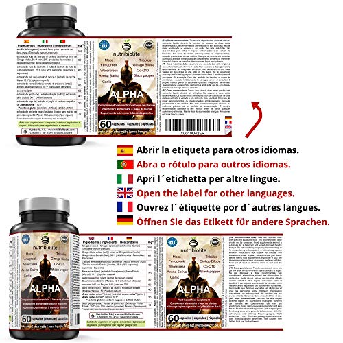 Alpha - Fuerza + Energía + Masa Muscular Suplemento Deportivo con Fenogreco Ginkgo Biloba Tribulus Terrestris Maca CoQ10 Piperina Avena Sativa