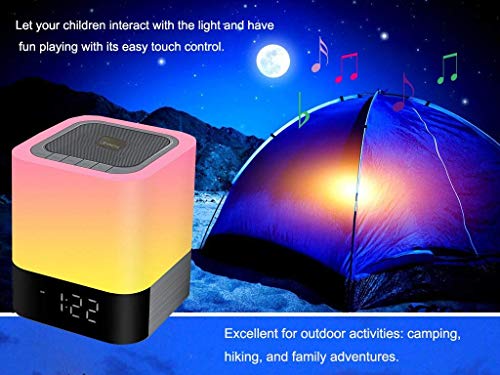 Altavoz Bluetooth Luz de Nocturna,Careslong lámpara de cabecera portátil sensible al tacto de 7 colores regulable, lámpara de con despertador,reproductor de MP3/radio FM/Despert de Música