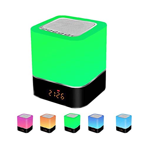 Altavoz Bluetooth Luz de Nocturna,Careslong lámpara de cabecera portátil sensible al tacto de 7 colores regulable, lámpara de con despertador,reproductor de MP3/radio FM/Despert de Música
