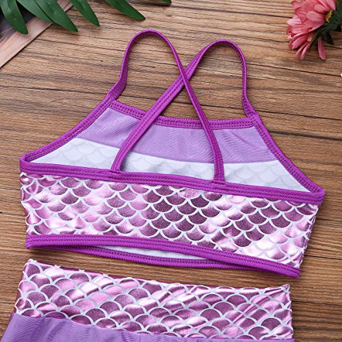 Alvivi 2Pcs Ropa Deporte con Lentejuelas Camisa Tirantes Tank Top Niña Gimnasia Pantalones Cortos Deportivos para Ejercicio Fitness Bikini Niña Lavender 6 Años