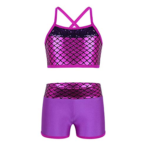 Alvivi 2Pcs Ropa Deporte con Lentejuelas Camisa Tirantes Tank Top Niña Gimnasia Pantalones Cortos Deportivos para Ejercicio Fitness Bikini Niña Rosa Roja 4 Años