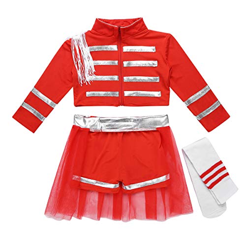 Alvivi Disfraz Animadora Niña Animación Vestido de Danza Ballet Jazz Hip Hop Traje Deportivo de Ejercicios Aeróbicos Gimnasia con Calcetines Rojo 140cm