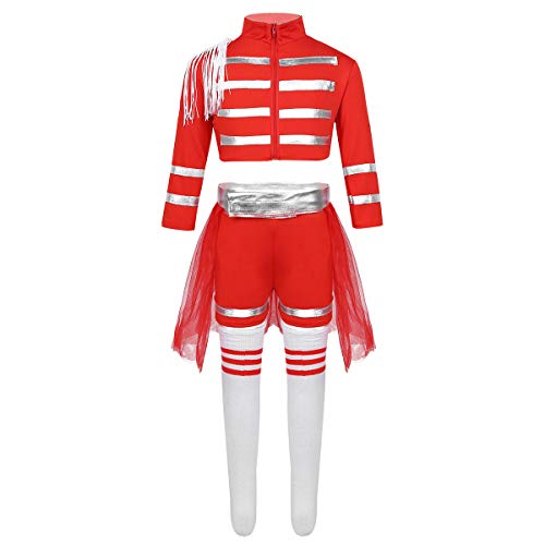 Alvivi Disfraz Animadora Niña Animación Vestido de Danza Ballet Jazz Hip Hop Traje Deportivo de Ejercicios Aeróbicos Gimnasia con Calcetines Rojo 140cm