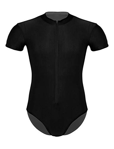 Alvivi Hombre Adulto Maillot Elástico de Gimnasia Leotardos Ritmica Danza Ballet Mangas Cortas Una Pieza Mono Deportivo Liso Men Unitard Body Suave Body Ropa Interior para Adultos Negro Large