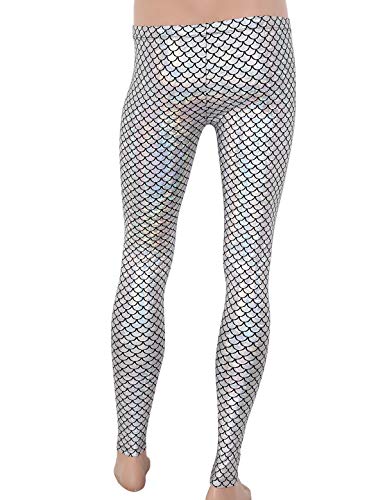 Alvivi Leggings Hombre Fitness Disfraz de Sirena Escama Hombre Cosplay Carnaval Halloween Divertido Leggins Pantalones de Danza Ballet Deporte Elástico Plateado Large