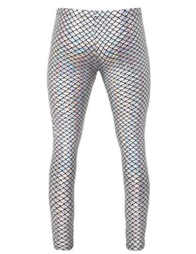 Alvivi Leggings Hombre Fitness Disfraz de Sirena Escama Hombre Cosplay Carnaval Halloween Divertido Leggins Pantalones de Danza Ballet Deporte Elástico Plateado Large